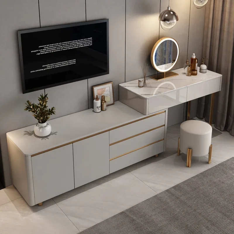 

Modern Dressing Table Multifunctional Vanity Desk with Storage Space-Saving Bedroom Dresser, TV Stnad Solid Wood with Drawers