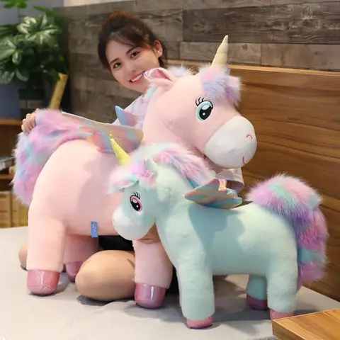 Kawaii Unicorn with Wing Plush Toys Soft Stuffed Doll Animal Fluffy Hair Fly Horse Pillow Cousion for Girl Birthday Gift Kid Toy