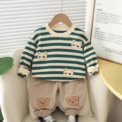 Baby Boys Clothes Spring Fall Children's Suit Toddler Bear Striped Printing Top+Sweatpants Kids Two-Piece Suit 1-6Y