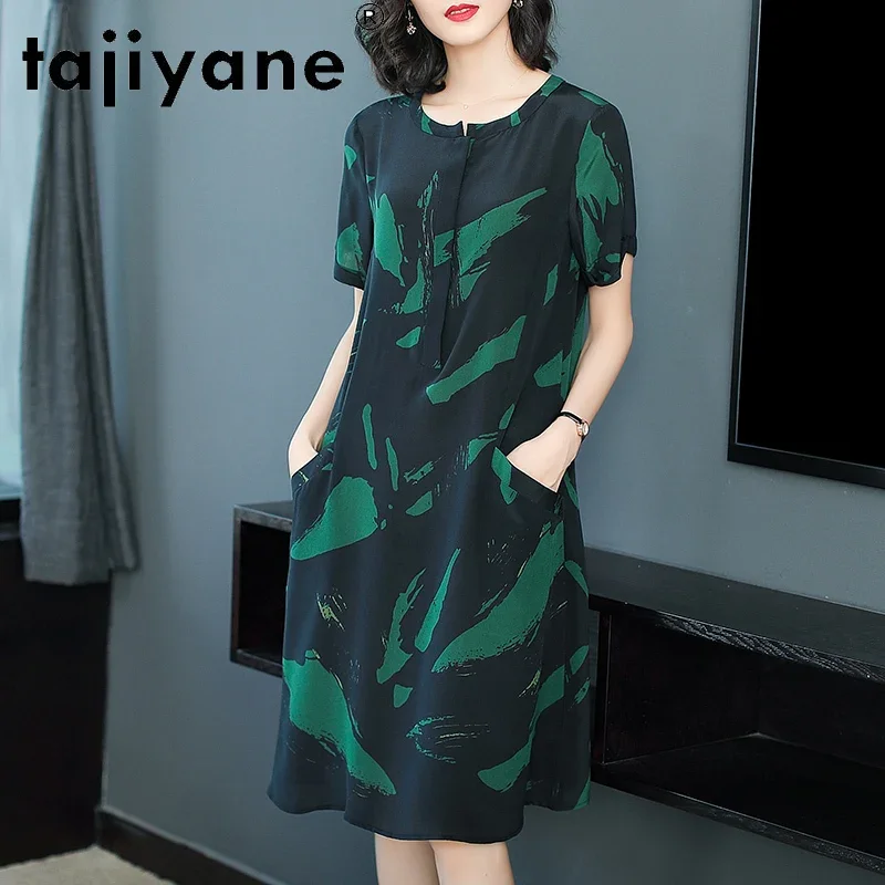 Tajiyane Midi Kleider für Frauen Sommer Kleid 100% Silk frauen Kleidung Elegante Frau T-shirt Kleid Silk Natürliche Robe TN2566