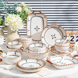 High Aesthetic Value Simple Bowl and Plate Combination Household Bowls Ceramic Underglaze Color Tableware Plates