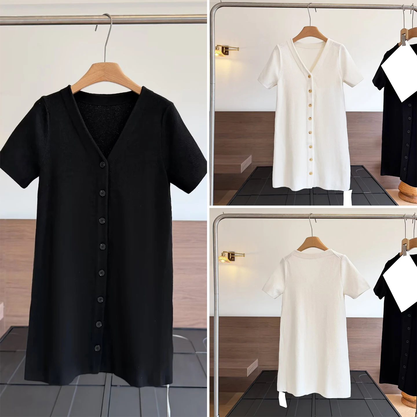 Women's Standard Fit  Dress Button Decorated Knitted High Waist A-Line Skirt Short Sleeve V-Neck Daily Wear Single Piece