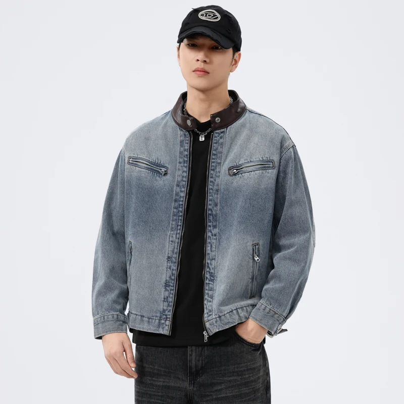 High-end American washed denim jacket men's fall new personality splicing tide blue casual jacket men's tops