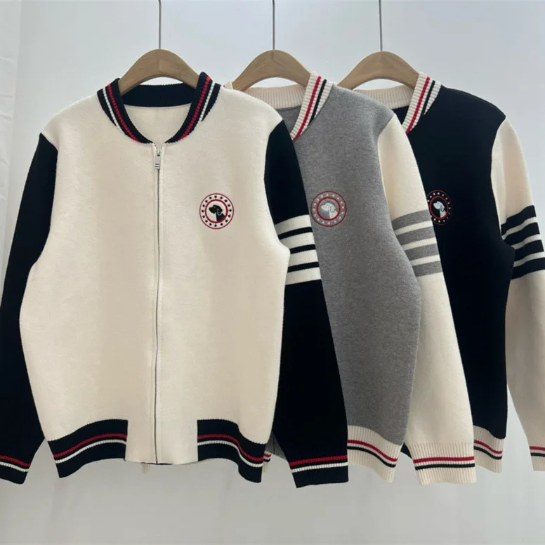 Sweater autumn/winter new baseball contrasting collar zipper cardigan letter puppy embroidery long sleeved knitted jacket