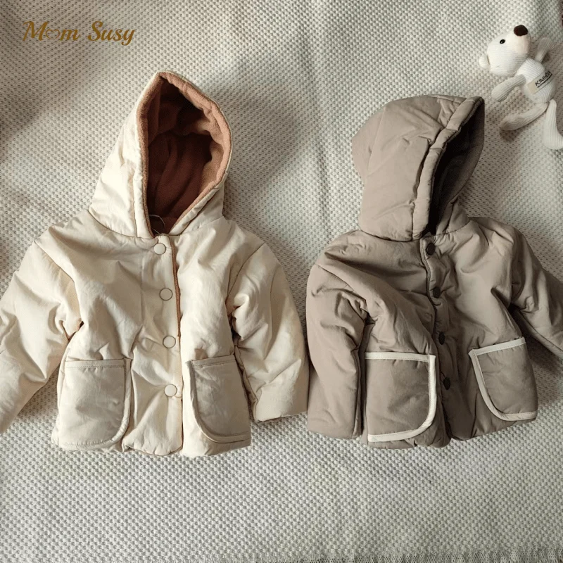 Newborn Baby Girl Boy Fleece Inside Hooded Jacket Infant Toddler Child Warm Thick Coat Solid Color Outwear Baby Clothes 9M-2Y