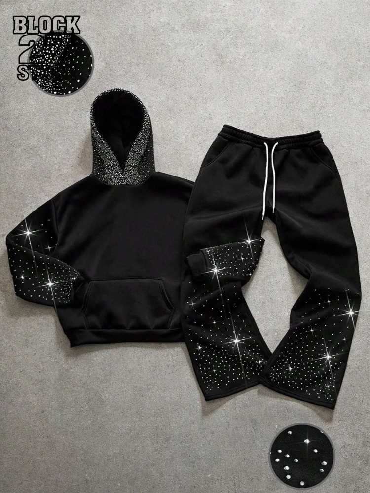 

Mens Hoodie Set Harajuku High Street Gothic INS Rhinestone Design Hooded Sweatshirt Pants Autumn Winter Loose Fit Unisex Fashion