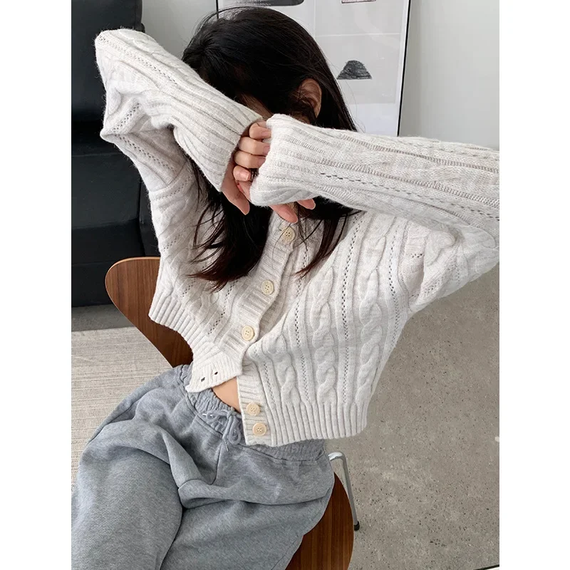 Oat Color Cardigan Lazy Style Single breasted Casual Long Sleeve Round Neck Knitted Sweater for Women