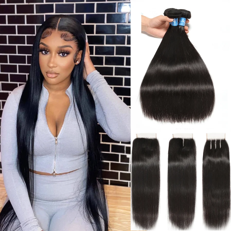 

Bone Straight Hair 3Bundles With Lace Closure Long 28 30 Inch Natural Hair Extensions Real Human Hair Bundles With 4x4 Closure