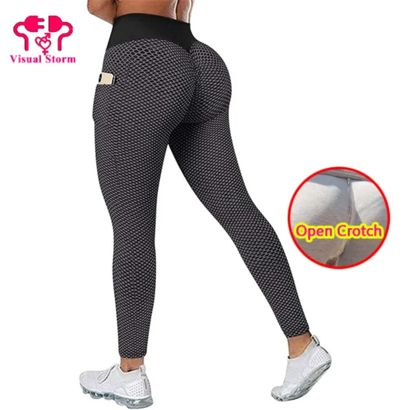 Leggings sexy aperti in cortch da donna cerniere nascoste tasche laterali elastiche crotcless pantaloni da palestra adatti alla caviglia mutandine