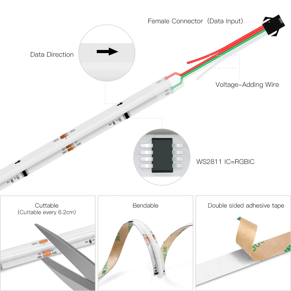 Indywidualnie adresowalne światła pasek COB LED RGBIC tryb dynamiczny led de fita DC12V wielokolorowy Segament luces światło RGB led