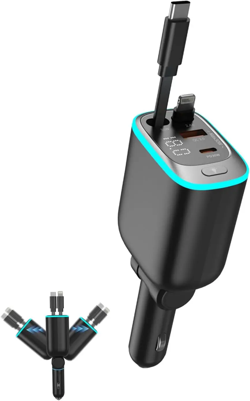 

Motriva Store 72W Retractable USB C Car Charger Fast Charging with Dual Type-C Cable and USB-A Port, PD QC3.0 Car Accessories Adapter Travel Essentials Compatible for iPhone 17 Samsung iPad Airpods Laptops