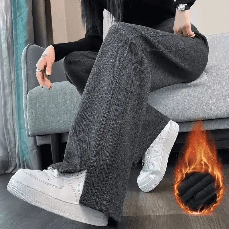 Women's Fleece Sweatpants High Waist Thick Vintage Lower Hem Slit Mopping Pants Casual Texture Narrow-cut Straight-leg Pants