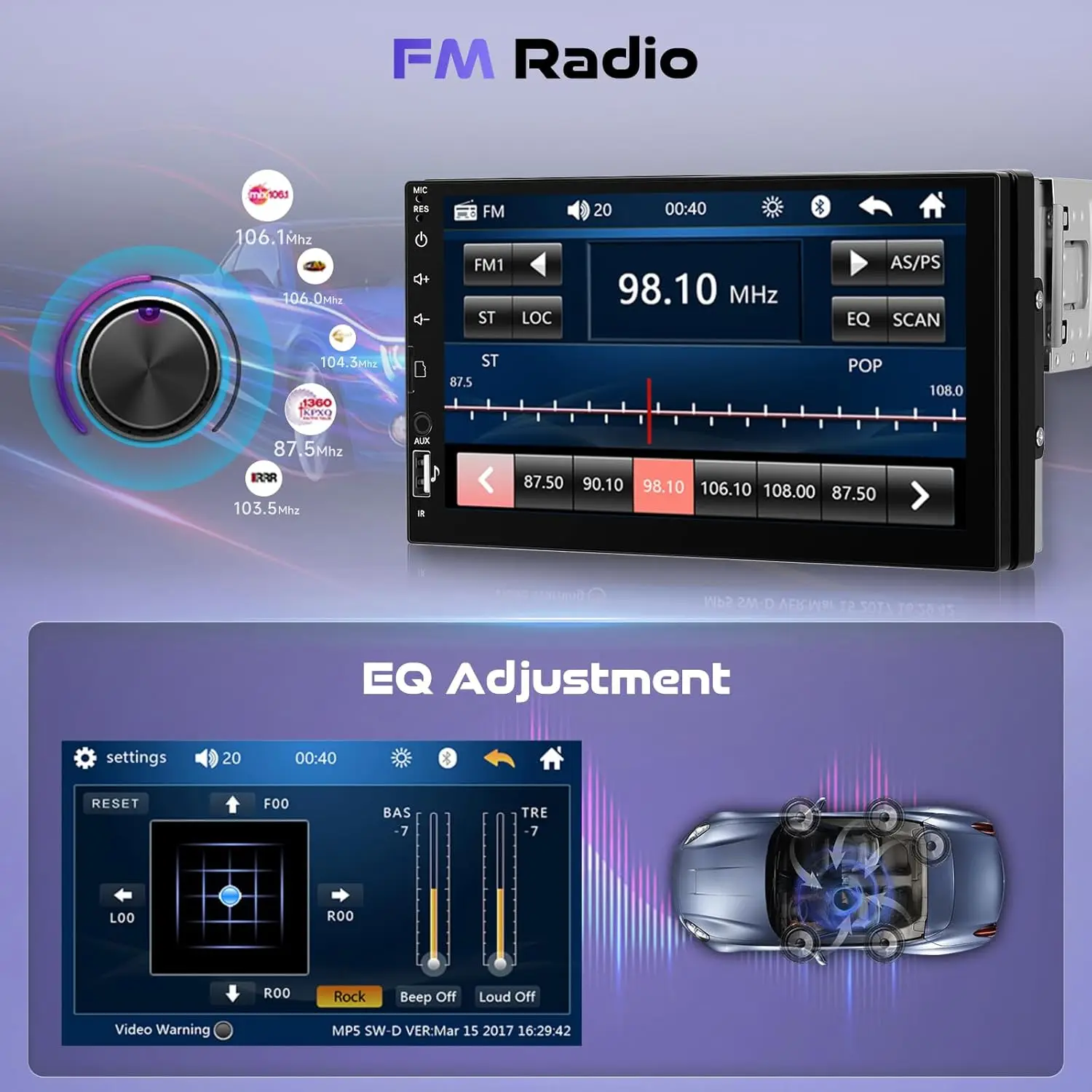 ستيريو سيارة بشاشة لمس عالية الدقة مقاس 7 بوصات مع بلوتوث، USB، AUX، FM، كاميرا خلفية، وصلة مرآة، تحكم في عجلة القيادة