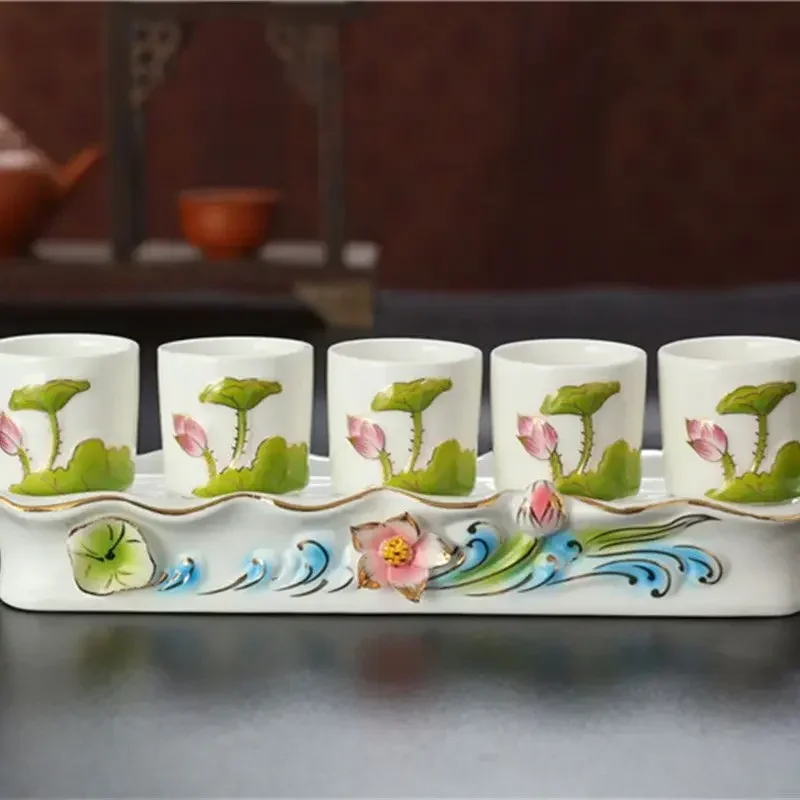 6pcs/lot  FIVE Cups with Base, Chinese Style, Household Supplies, Relief Water Cup, Buddhist Supplies, Lotus Cup