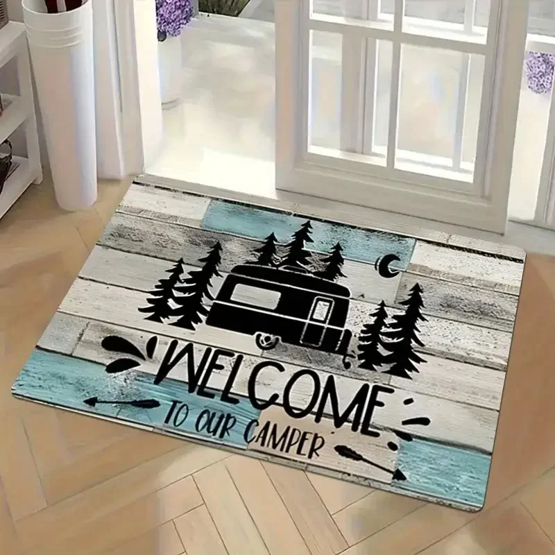 Outdoor Camping Van Welcome Mat with Cheerful Camping Van Non-slip Kitchen Bathroom Entracne Rugs Living Room Washable Carpet