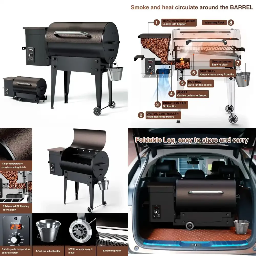 2026 Hot Sale  Foldable 7-in-1 Black Wood Pellet Grill and Smoker Grill Digital Temperature Control Pellet Grill, Doorless
