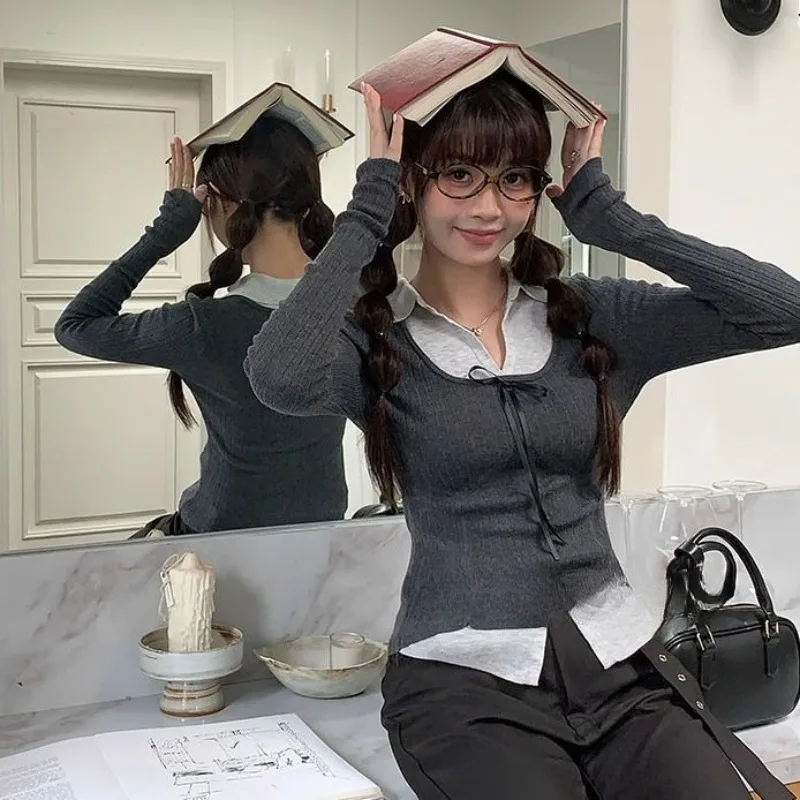 甘いボウパッチワークツーピースニットトップス女性用秋ラペルスリムフィット長袖プルオーバーファッションショートセーター