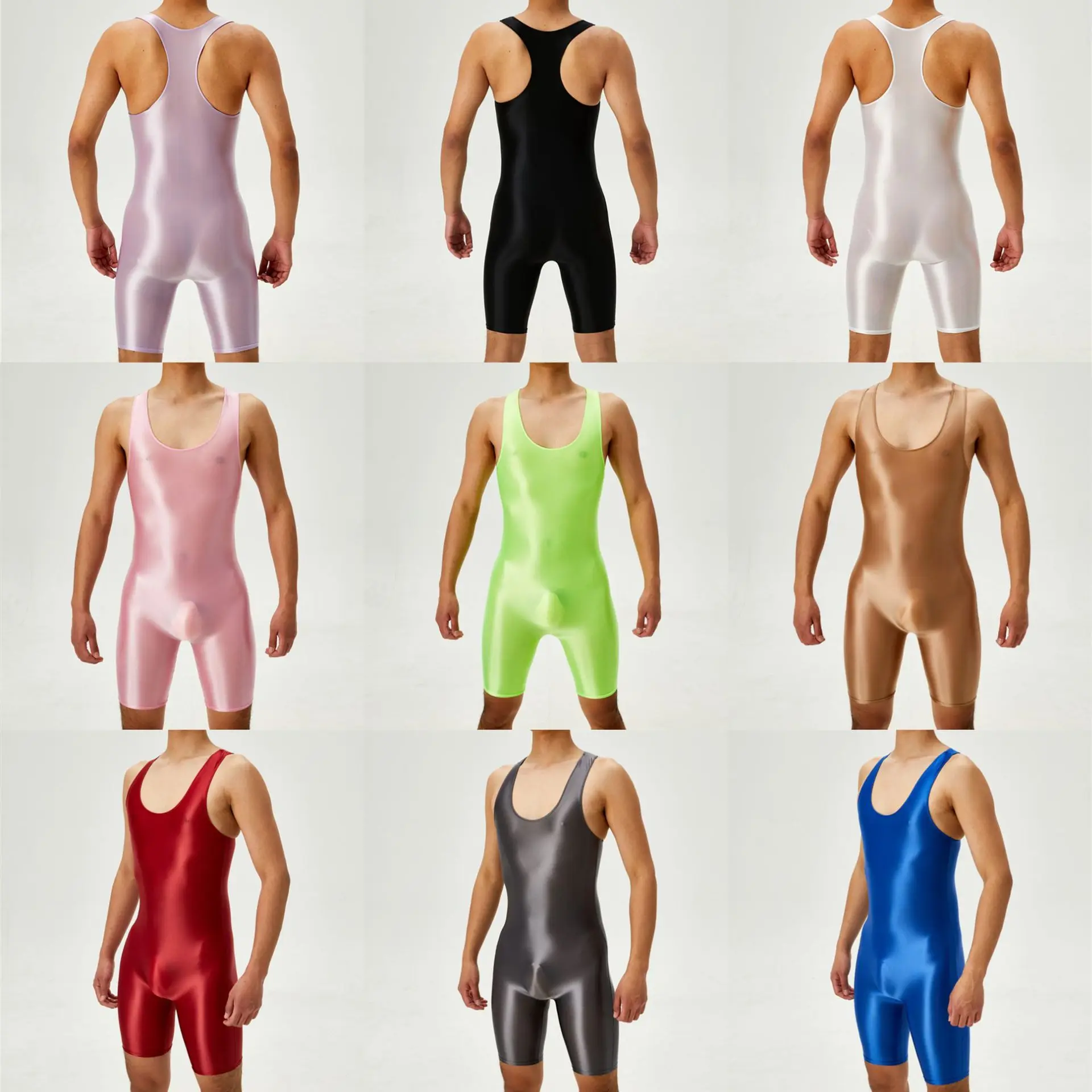 Glossy Transparent Sexy Mens Bodysuit Undershirts One-piece Jumpsuit Romper Fitness Leotard Male Underwears