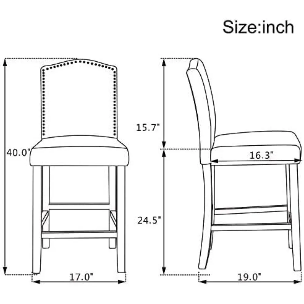 Bancos de bar de altura de balcão de 24 polegadas com prego de bronze para sala de jantar,