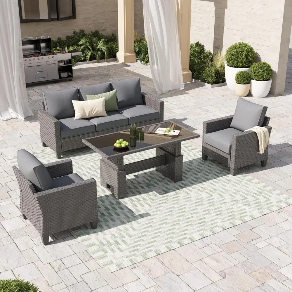

Outdoor Patio Furniture Set 4 Piece Wicker Conversation Set with Lift Coffee Table Sectional Dining Set 3 Seat Sofa Couch with