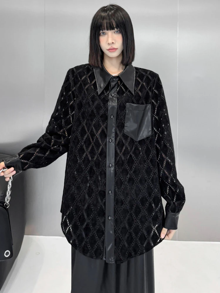 [EAM] Hollow Out Shirt Half-body Skirt Two Pieces Suit New Lapel Long Sleeve Women Fashion Tide Spring Autumn 2024 1DH7752