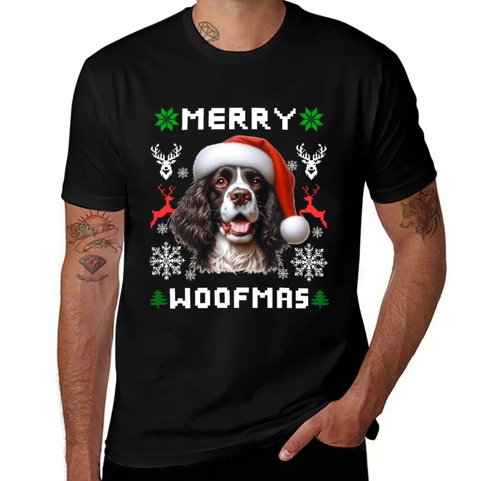 Merry Woofmas Happy English Springer Spaniel Dog Christmas Sweater T-Shirt graphics men workout shirt