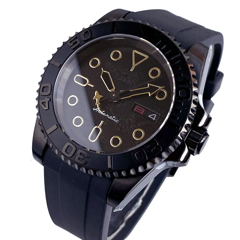 Tandorio NH36 Black Date Day Dragon Shaped Textured Dial 40mm Sapphire Crystal Glass 200m Waterproof PVD Process Men Watches