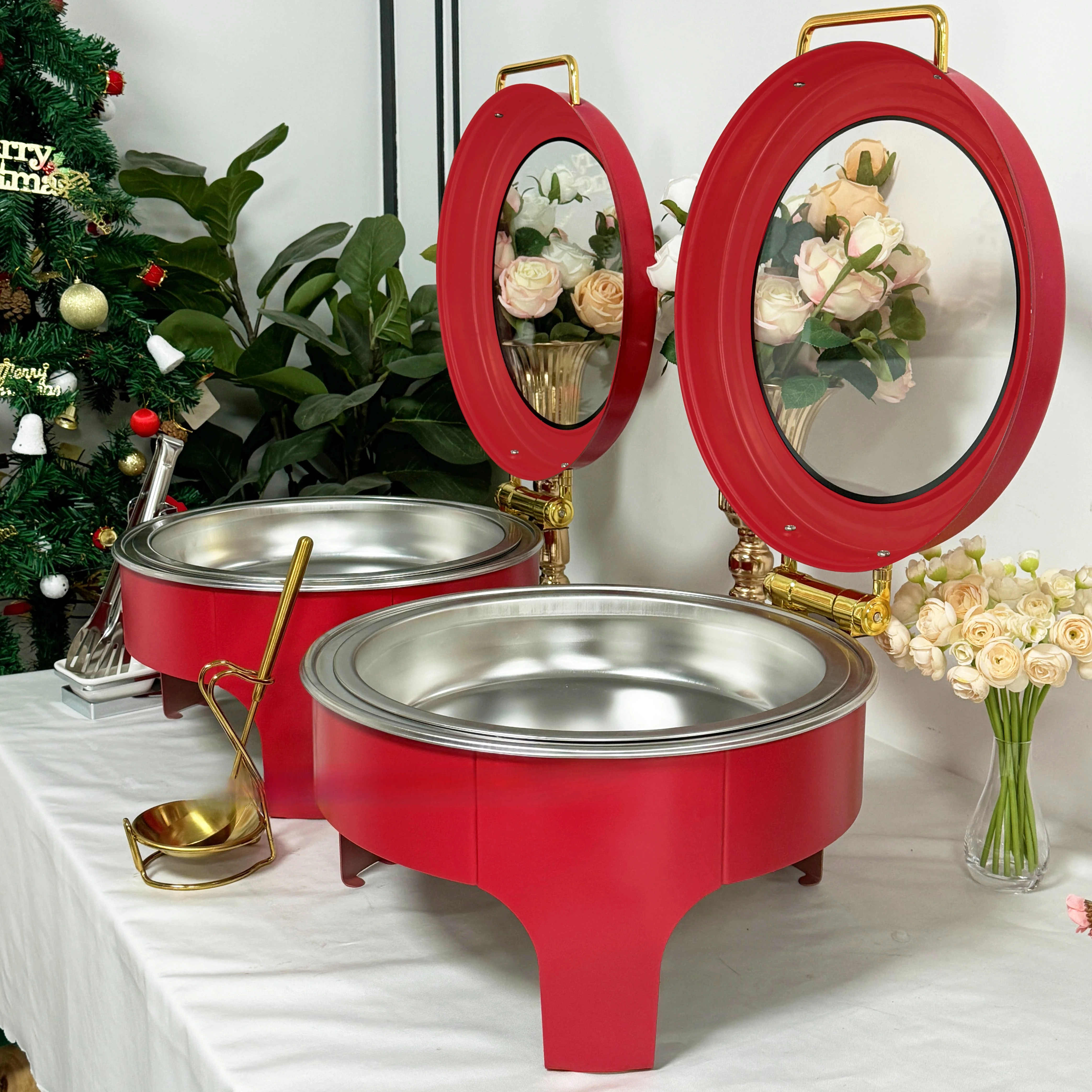 *Catering Supplies Food Warmer Display Buffet Round Red Color Chafing Dish Buffet Set Royal Chaffing Dishes for Party Banquet