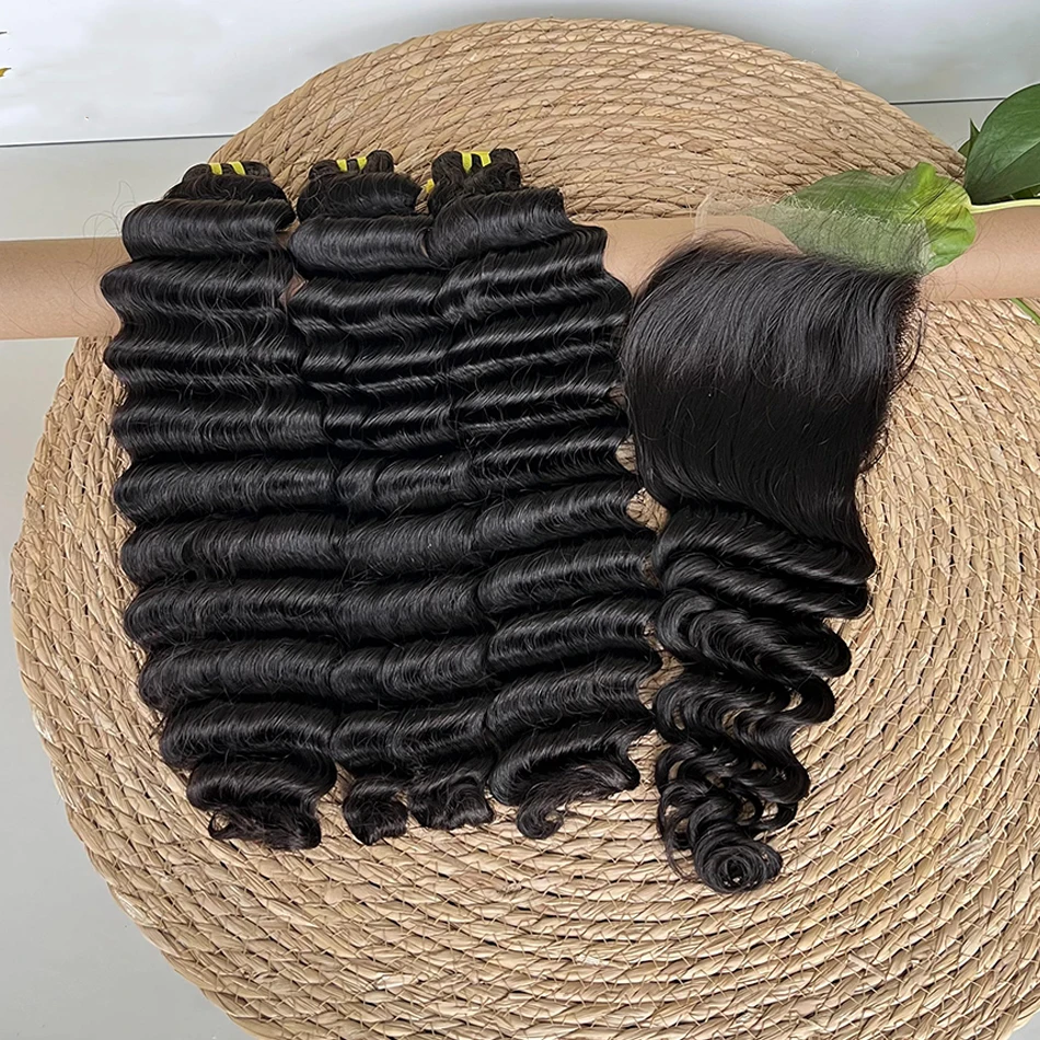 Deep Wave Double Drawn Human Hair Bundles With 13x4 HD Lace Frontal 4x4 5x5 HD Closure Natural Hair Weaving Extensions For Women