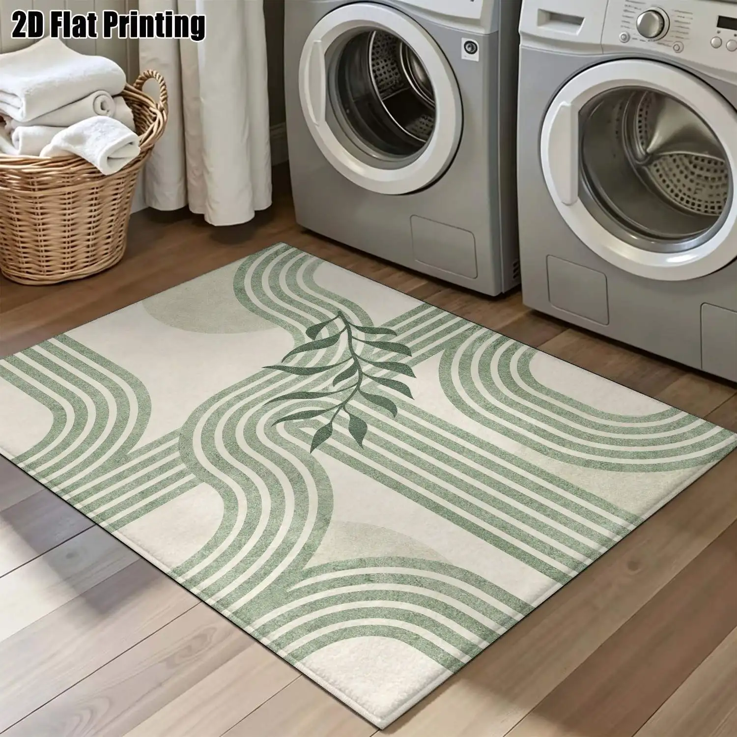 1Pc 2D Printed Carpet: Fresh Green & White Geometric Leaf/Branch Patterns Nordic Modern Minimalist Style, Machine Washable, Multi-Size, Ideal for Entryway, Dining, Bedroom, Living Room as a Floor Mat/Decoration.