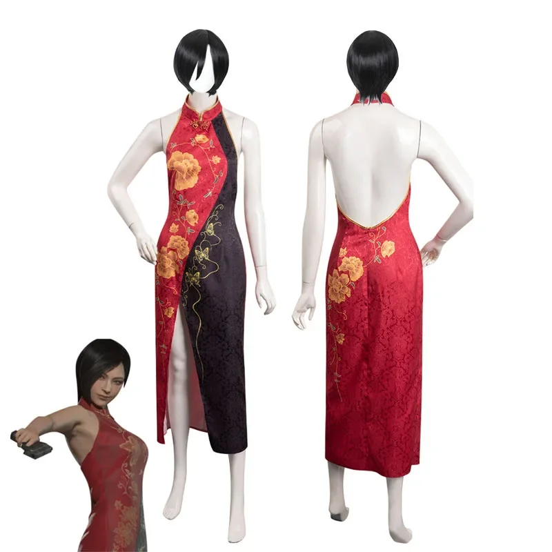 Disfraz de cheongsam para mujer y niña, con peluca traje sexy, disfraz de fiesta de Carnaval y Halloween, remake Ada Wong, Evil 4