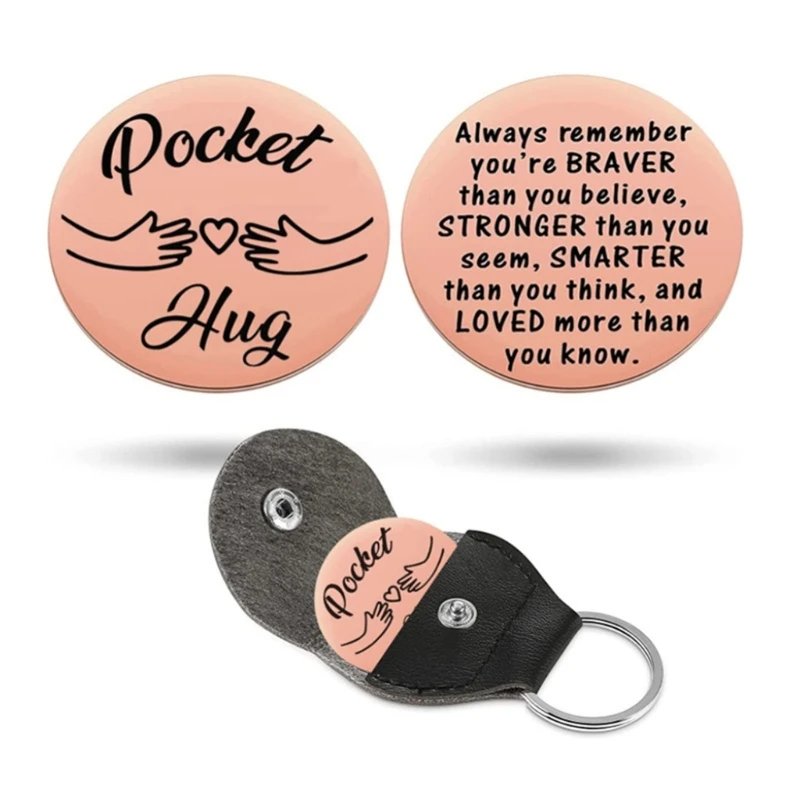 Pocket Hug keychain Stainless Steel Double Sided Tokens with PU Leather Keychains Relationship Keepsake Gift Y08E