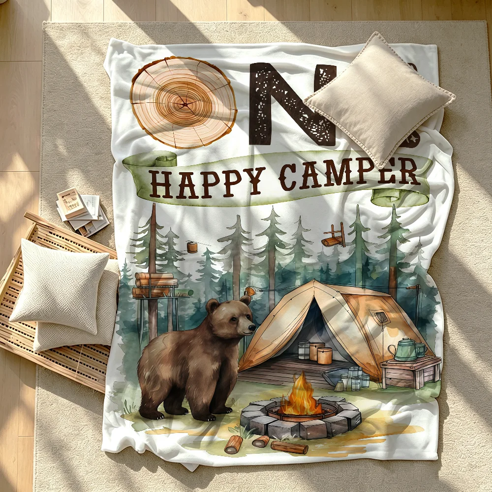 Happy Camper Print Blanket Soft Warm And Thick Perfect For Bedroom Living Room Bed Sofa Camping Picnic Office Gift