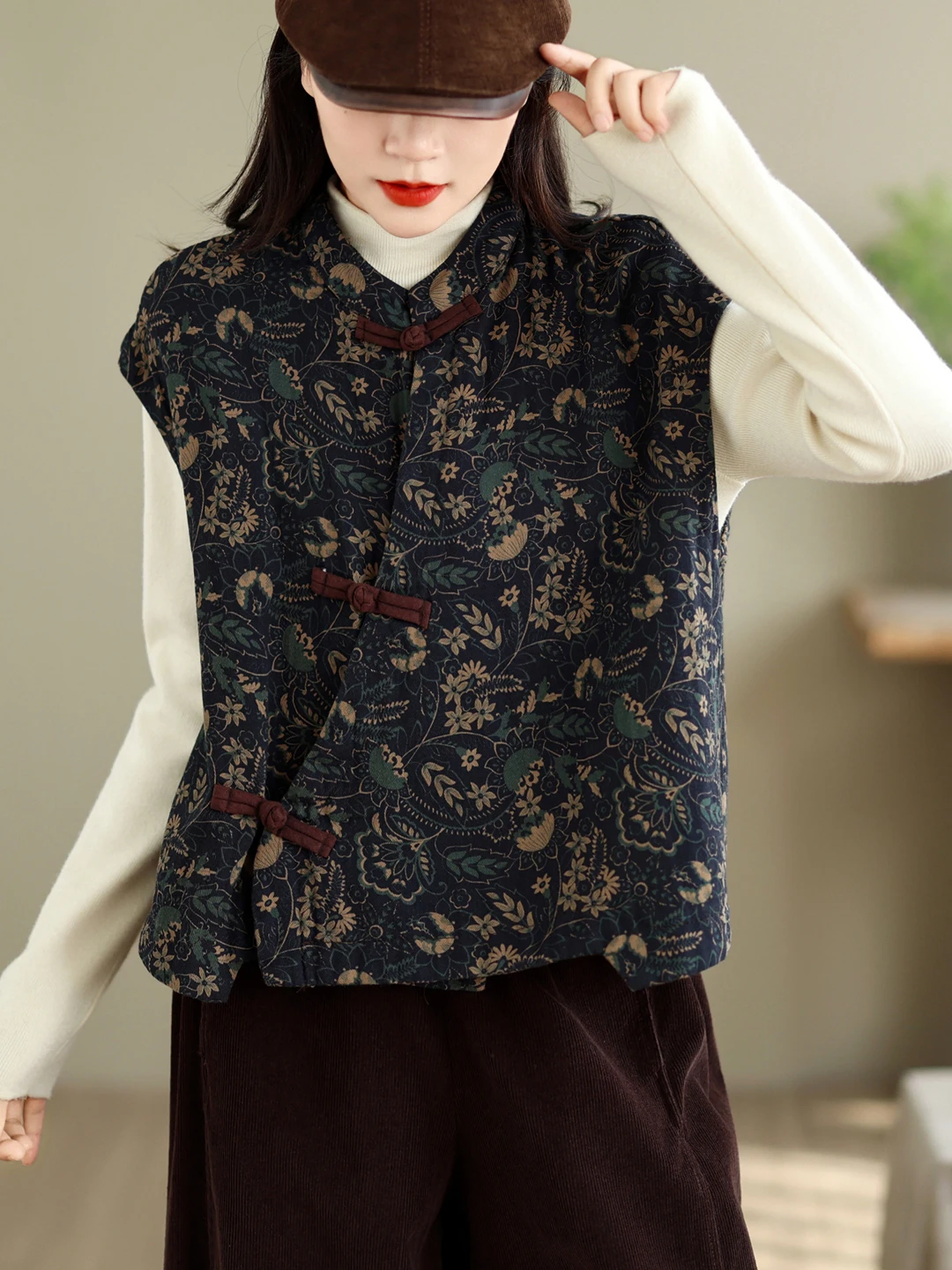 Authentic Chinese Style Floral Print No-Sleeve Vest Retro Versatile Fashionable Top Women's Cotton Polyester Blend Thickened ...