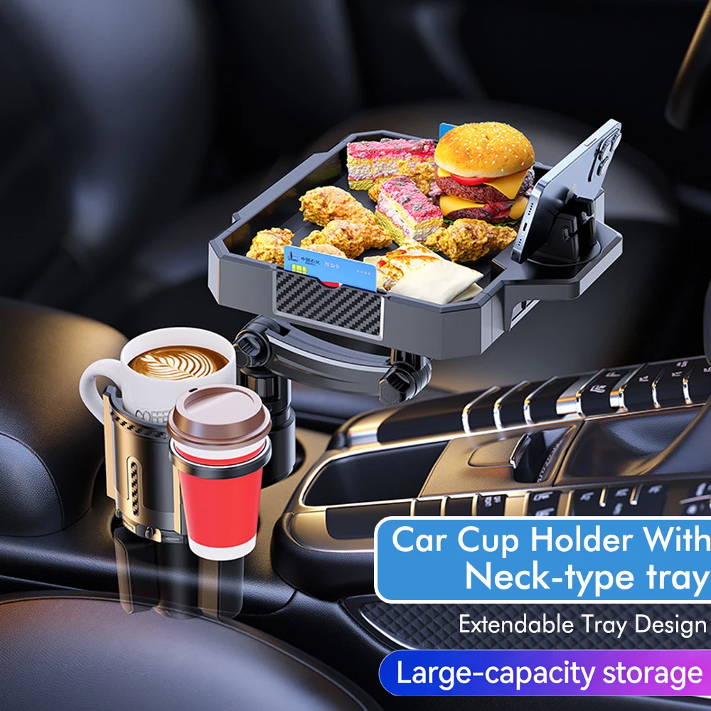 

Neck-type Extendable Car Cup Holder Tray with Phone Mount, Large Capacity Car Food Organizer