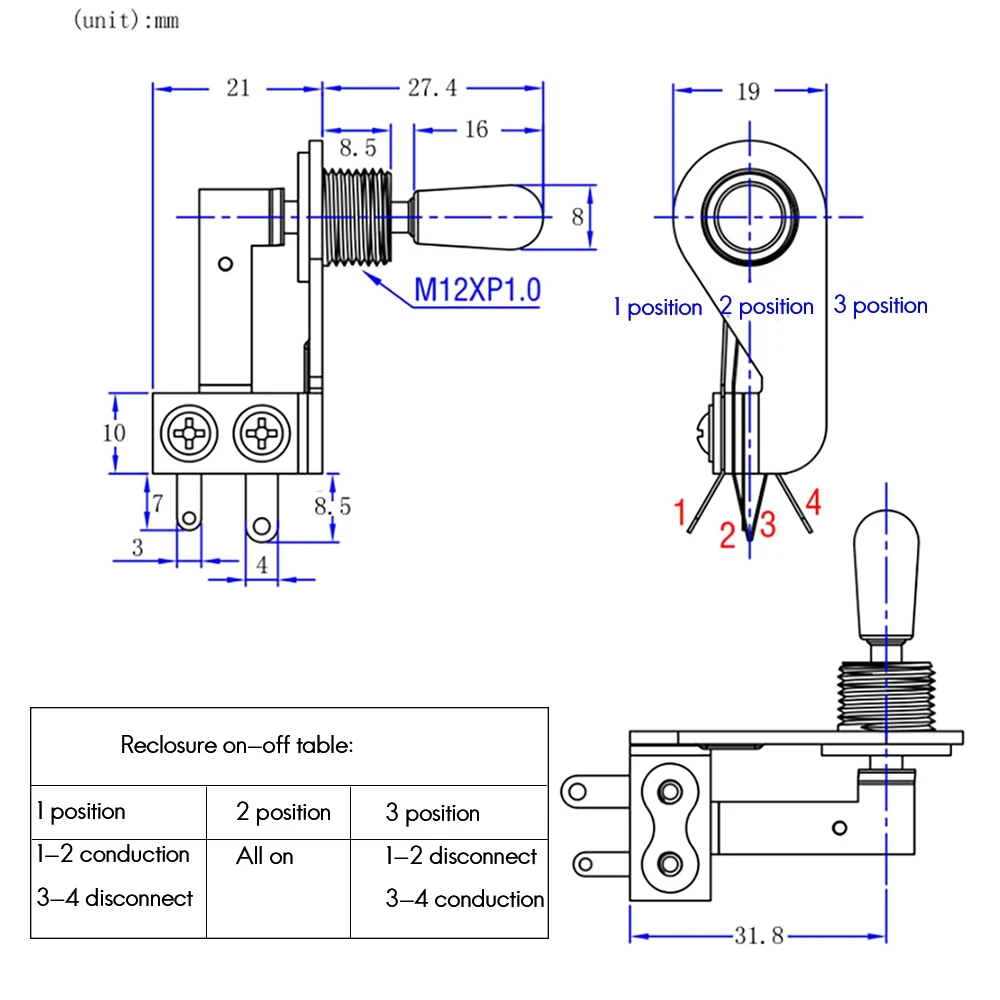 Práctico interruptor de palanca de guitarra tipo L de ángulo recto de 3 vías con cabezal de cobre para bajo de guitarra eléctrica,4
