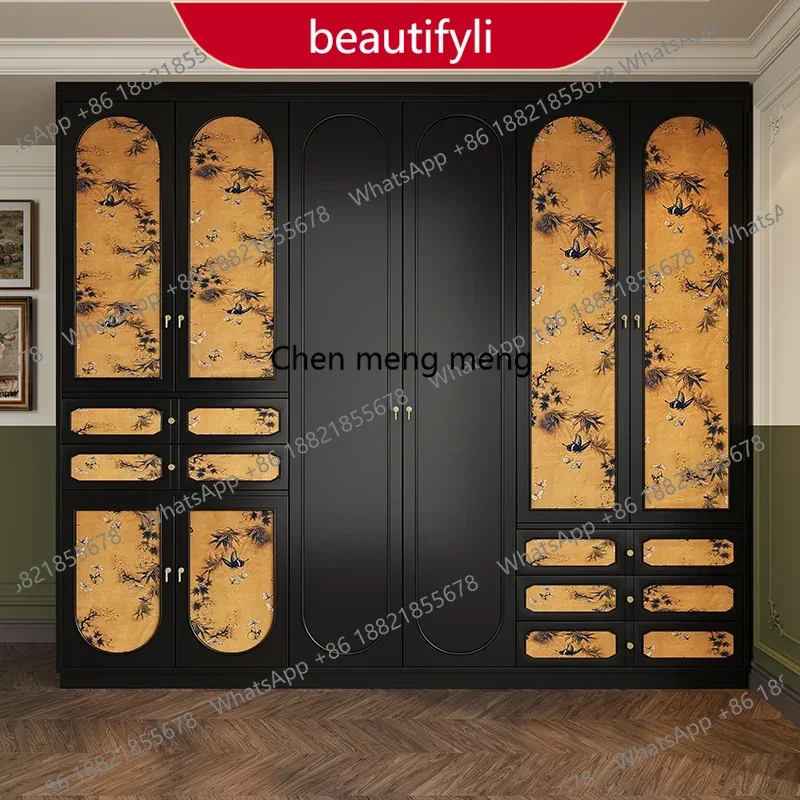 Armario de Madera M07 Estilo Francés, Armario de Dormitorio Negro, Armarios Sencillos, Organizador de Almacenamiento, Armario Abierto para Ropa, Muebles para el Hogar