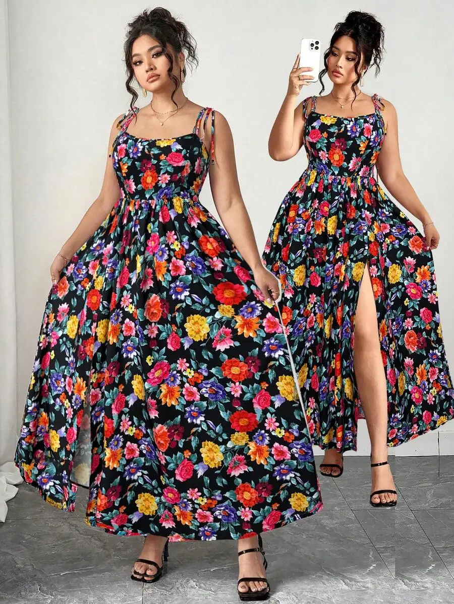 

Plus Size Black Floral Print Square Neck Empire Waist Sleeveless A-Line Dress With Side Slit