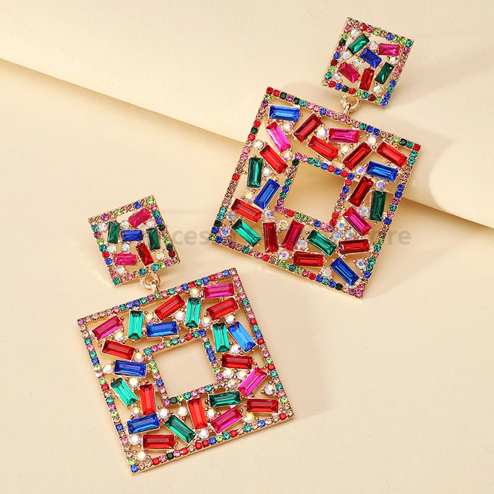 Square Multicolor Shiny Rhinestone Original Decor Bride Wedding Party Jewelry Trend Luxury Charm Dangle Drop Earrings For Women