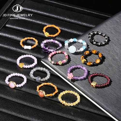 여성용 JD 천연석 작은 구슬 크리스탈 반지, 트렌디한 보헤미안 수제 스트레치 링, 레이키 힐링 파티 선물, 커플 쥬얼리