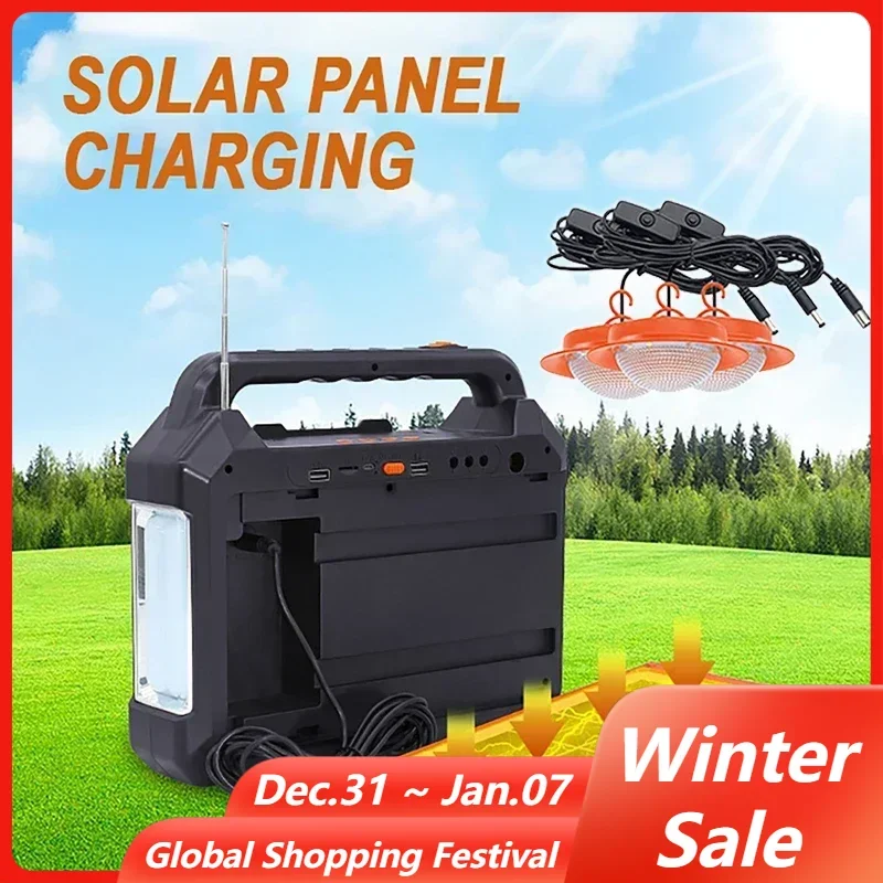 Power Station Solar Generator Kit Portable Solar Panel Emergency Light USB Charger Cable with 3 Bulbs for Outdoor Camping Hiking