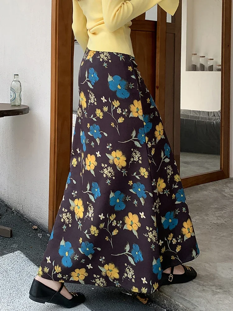 Zoki الأزهار الرجعية التنانير الطويلة النساء فو الجلد المدبوغ ضئيلة عالية الخصر Y2K تنورة الشارع الشهير خمر الأمريكية الخريف الشتاء حورية البحر التنانير