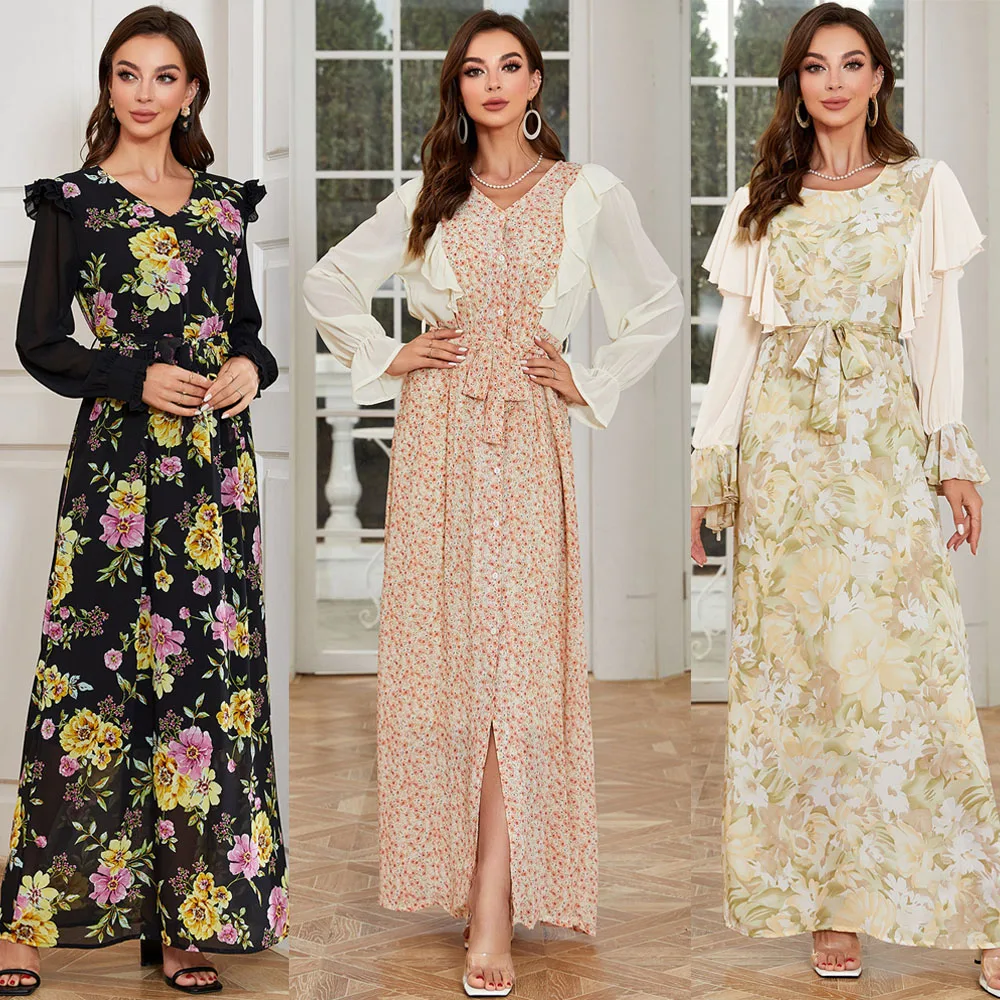 

Eid Muslim Women Floral Print Muslim Dress Middle East Ruffle Belted Dresses Ramadan Abayas Caftan Kaftan Elegant Vestidos 2024