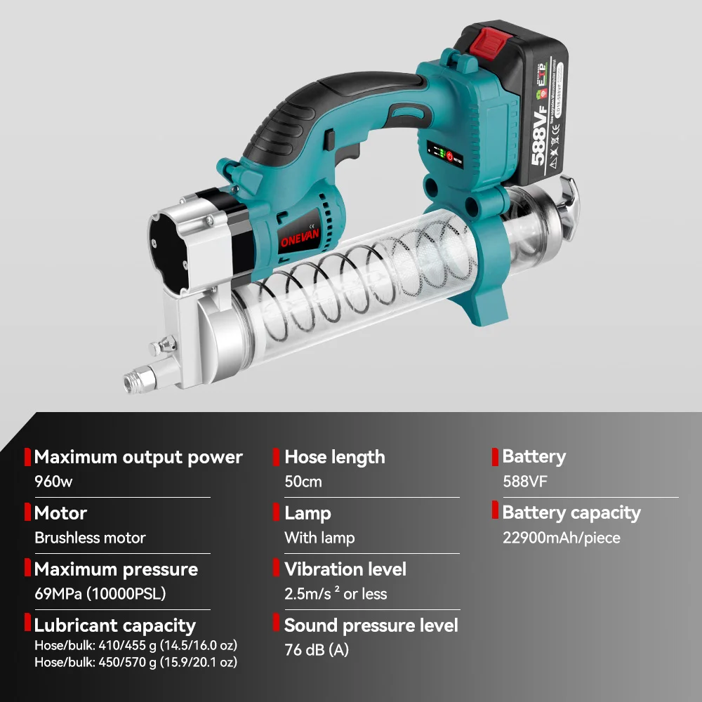 ONEVAN 69Mpa 10000PSL Electric Grease Gun Oil Injector Fat Machine Electric Grease Gun Hardware Tools For Makita 18v Battery