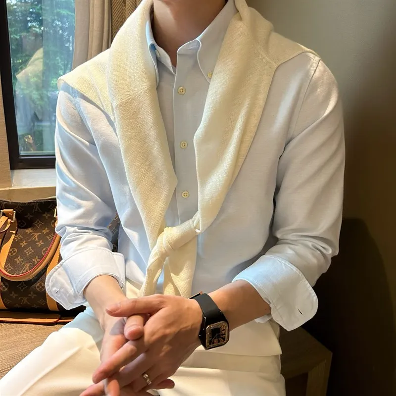 

Classic Korean Long Sve Slim Fit Color Ox Cloth Button up Men's irt Vintage Sle Faionable And Gentle