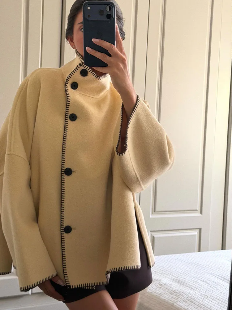 HH 2025 패션 여성 재킷 캐주얼 루즈 슬림 코트 가을 우아한 여성 긴 소매 터틀넥 싱글 브레스티드 디자인 코트