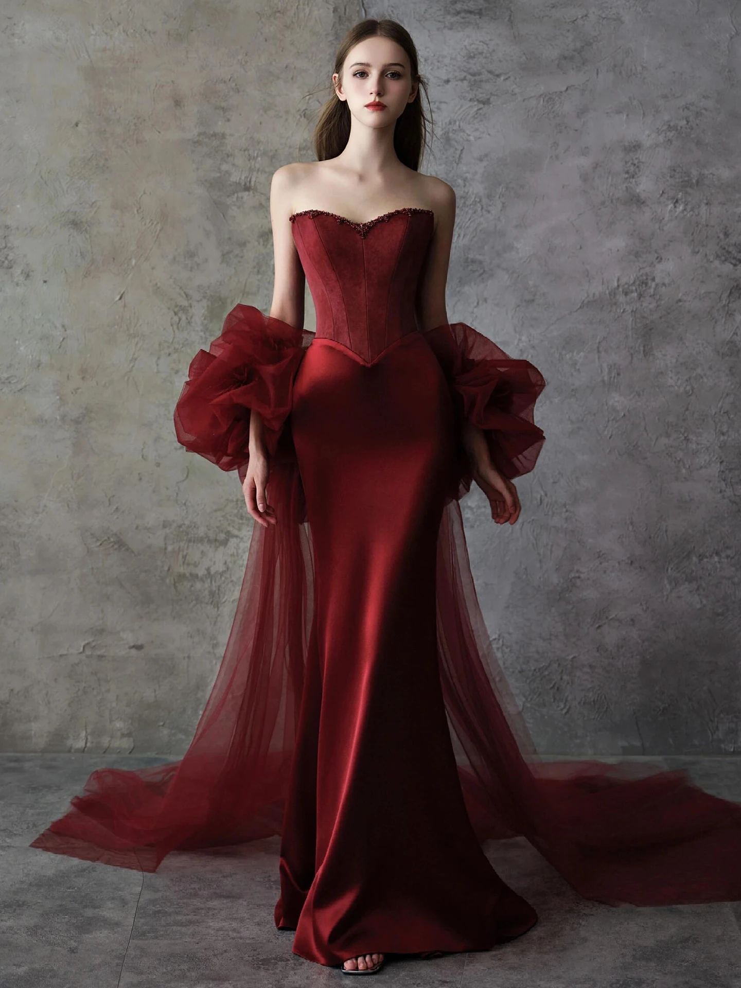 

Красное свадебное платье без бретелек с силуэтом «рыбий хвост» для свадебного торжества, элегантное длинное платье для женщин, Китай, лето 2025