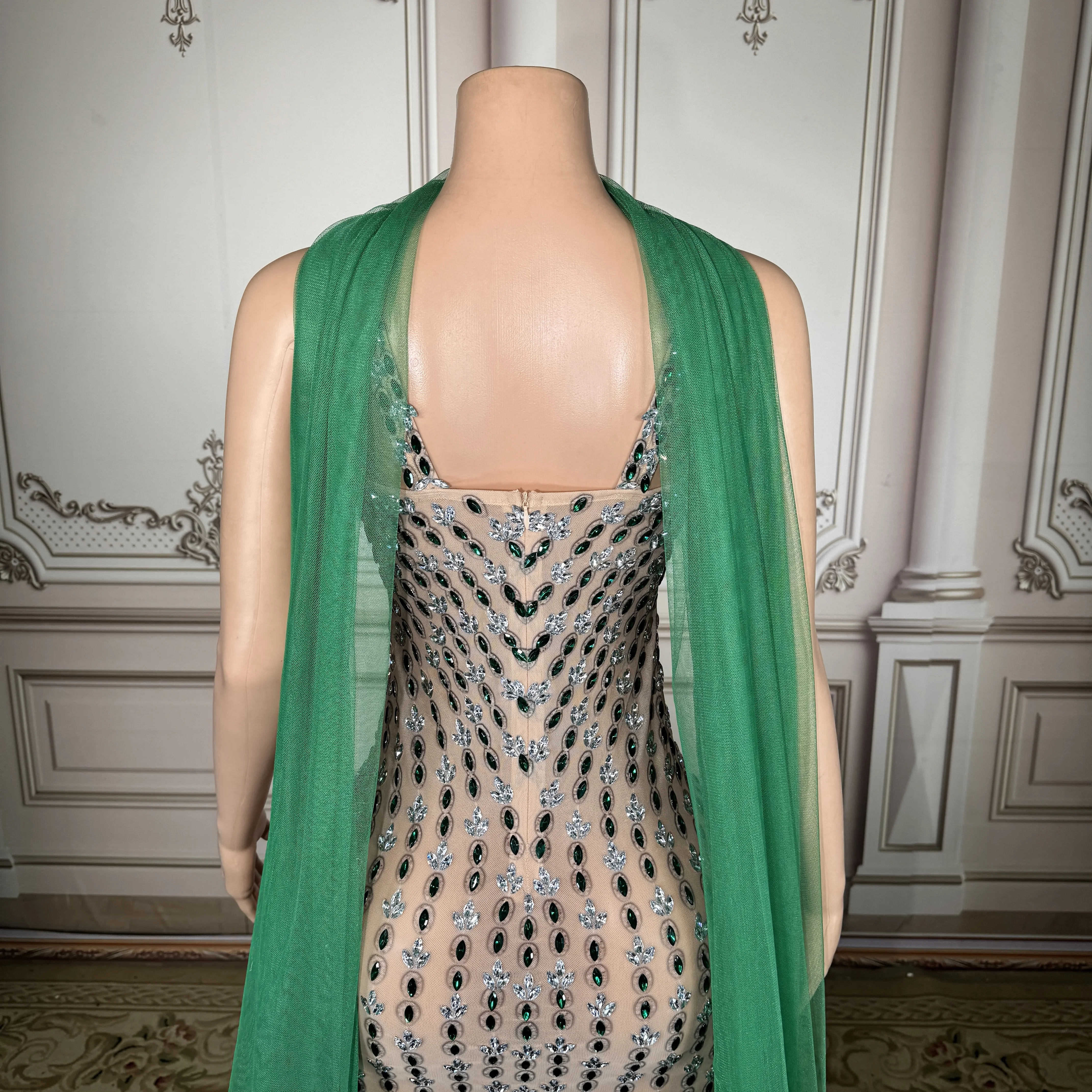 

Вечернее платье ZD с жемчугом и стразами, зеленое, с открытой спиной, V-образным вырезом, длинное, для женщин, на день рождения, для ведущей, для подиума