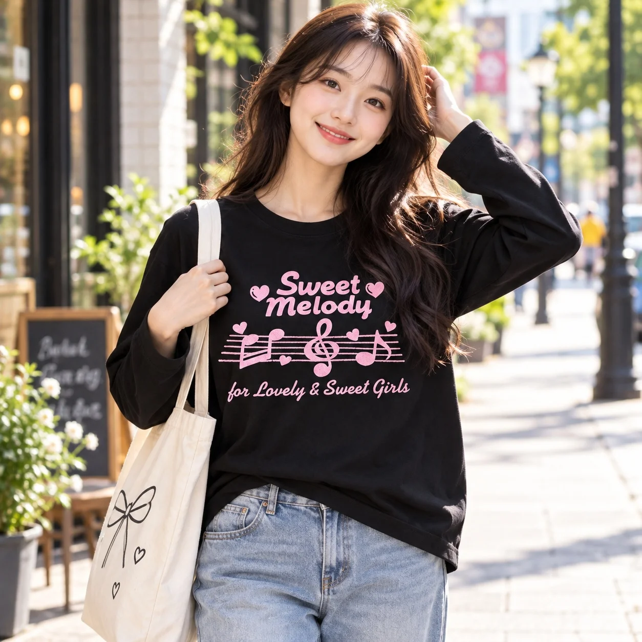 Women T-shirt Long Sleeve Black Sweet Melody Letter Music Note Heart Graphic Print Cute Y2K Style Casual Daily Fashion Tops