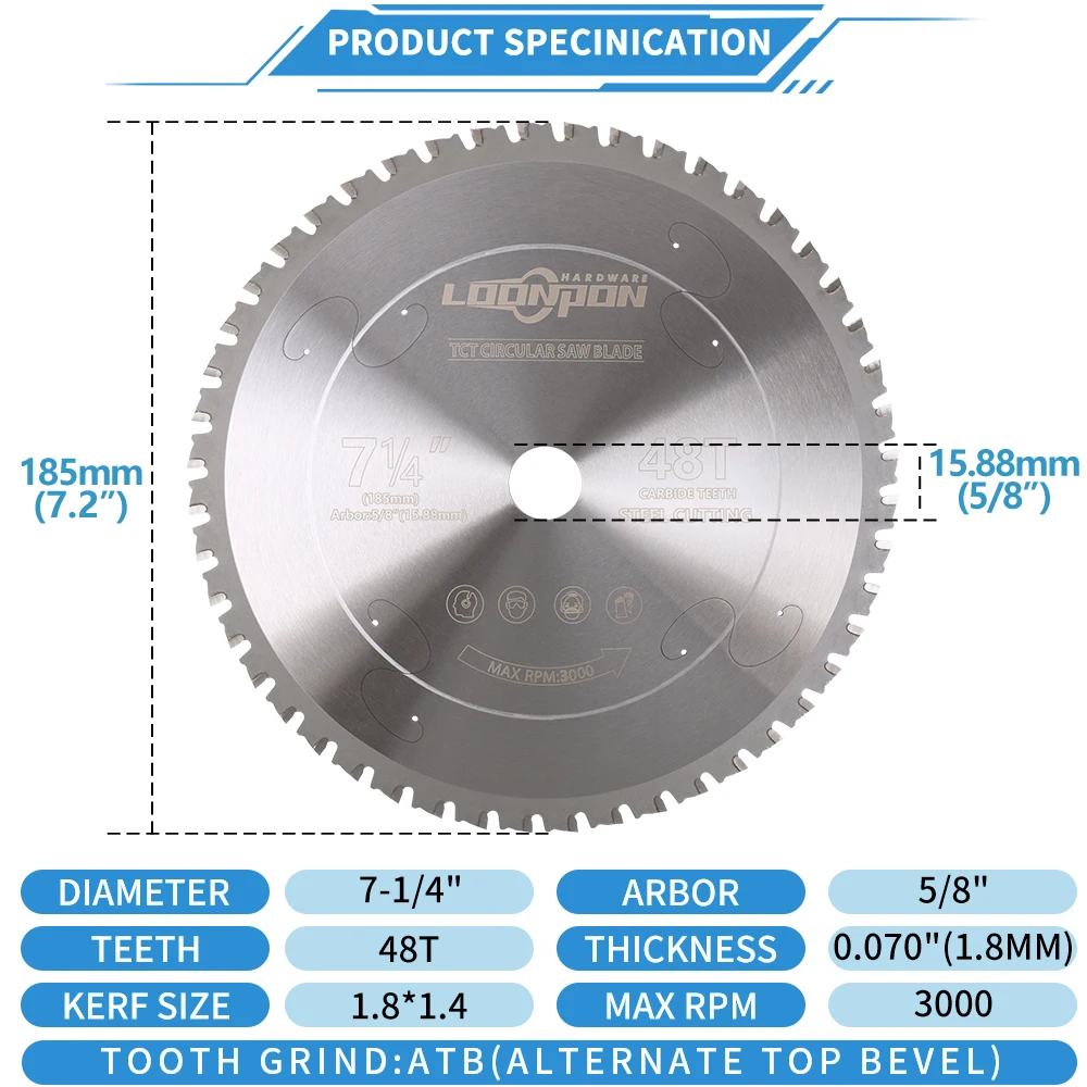 Loonpon Metalltrennscheibe 185/254/355 mm Hartmetall-Kreissägeblatt für Stahl, Eisen, Aluminium, Metallschneideblatt – Detail 4